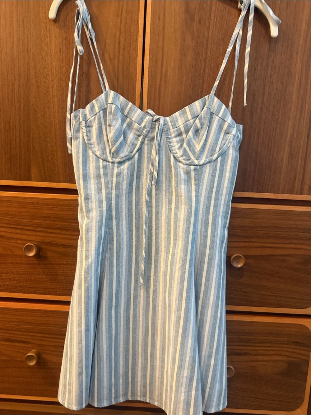 MAJORELLE Light Blue and White Striped Tie-Shoulder Mini Dress